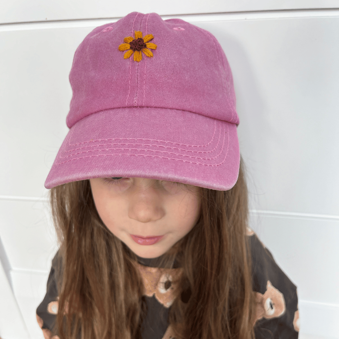 Hand Embroidered Children s Cap Pink Sunflower
